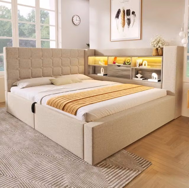 Letto 140x200 cm con contenitore idraulico e LED; lino; beige