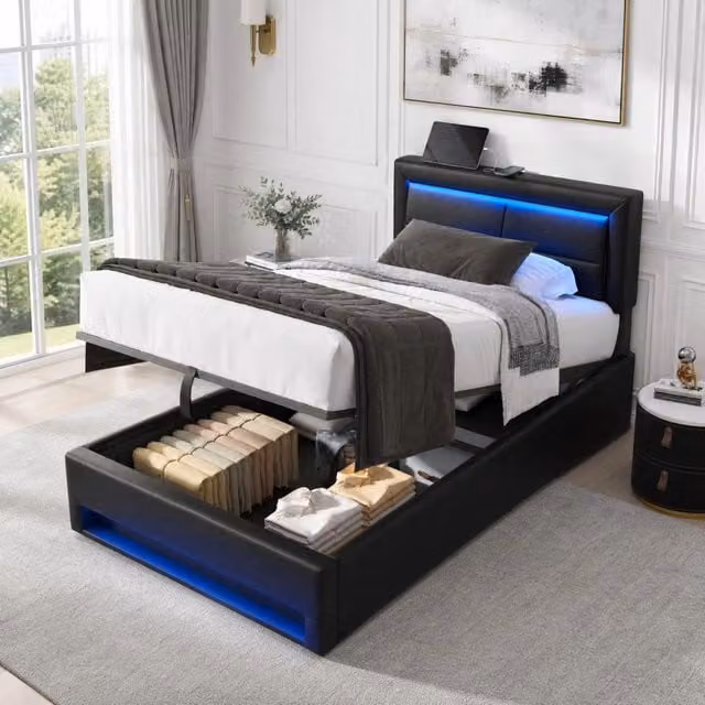 Letto imbottito 90x200 cm con USB, illuminazione LED multicolore e spazio contenitivo, struttura in PU nero