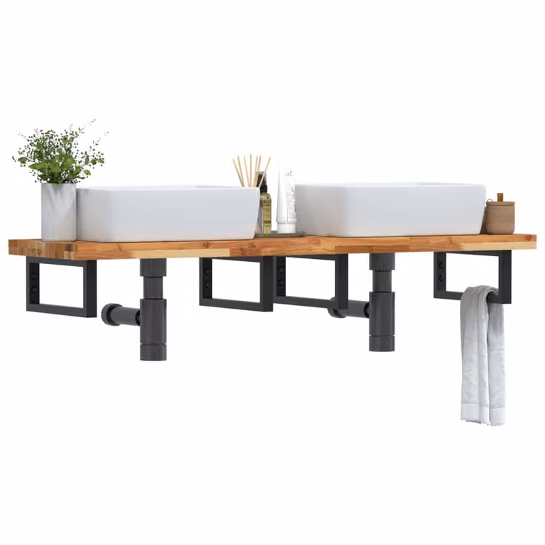 vidaXL Ripiano a Parete per Lavabo Moderno in Acciaio e Legno di Acacia Oliato, Colore Nero e Marrone, L: 40 cm, P: 19 cm, H: 5 cm