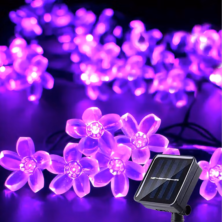 Catena luminosa solare, 7 metri, 50 LED viola, 8 modalità, grado di protezione IP42, confezione da 2 pezzi