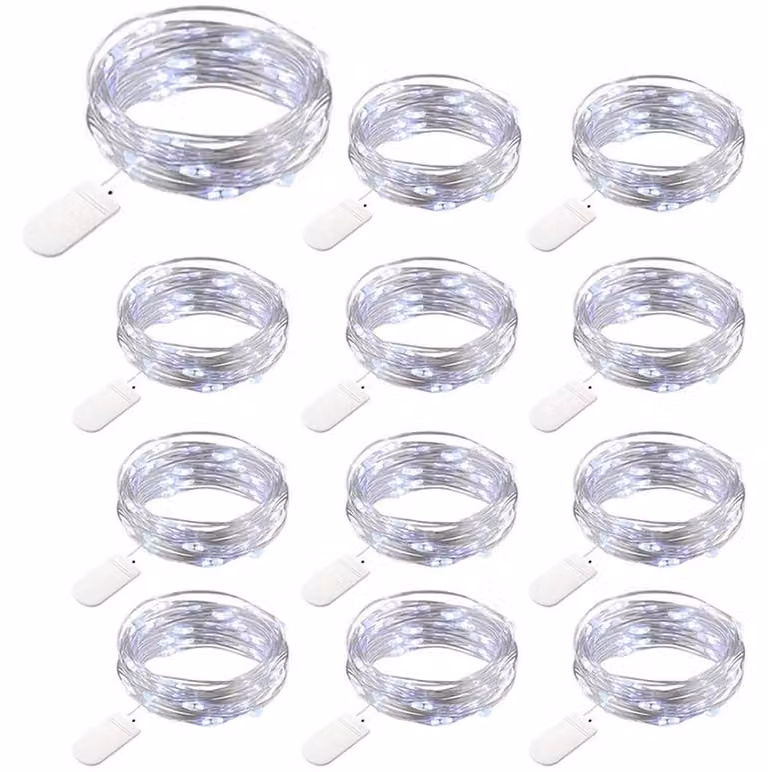 Catena luminosa a LED, set da 12, 20 LED, 2 metri, luce bianca fredda, alimentazione a batteria