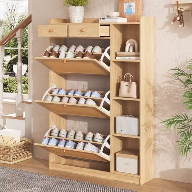 Scarpiera salvaspazio beige con ante a ribalta e cassetti, L: 90 cm, P: 24 cm, H: 130 cm