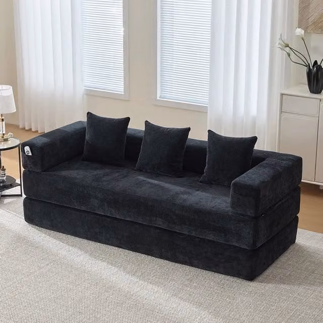 Set divano 3 posti + 3 pouf - Xylo - Velluto costato, imbottitura 32D, home cinema