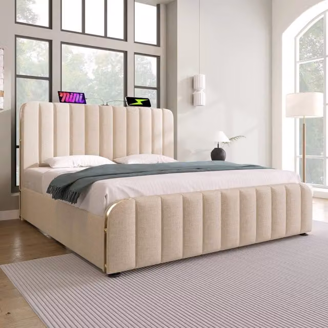 Letto matrimoniale contenitore REDOM beige con base a sollevamento e porte di ricarica USB, L/P: 140 x 200 cm – 1