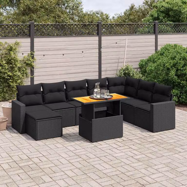 vidaXL Set Divani da Giardino 9 pz in Polyrattan Nero con Cuscini e Tavolino