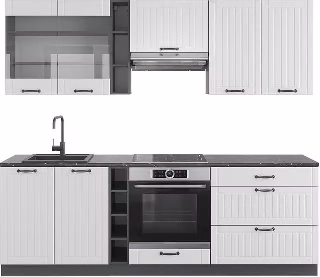 Cucina componibile Fame-Line Vicco in stile country house, Bianco rustico e Antracite, L: 235 cm, senza piano di lavoro – 1