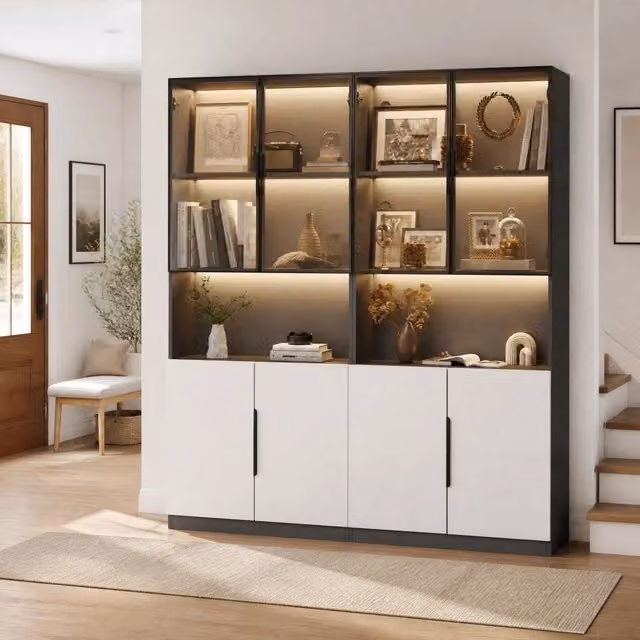 Vetrina con ante in vetro e LED regolabili; 160 × 30 × 200 cm; bianca