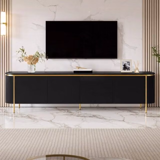 Mobile TV con 6 ante senza maniglie e passacavi, estremità arrotondate per soggiorno, 180×38×46 cm, in MDF, nero