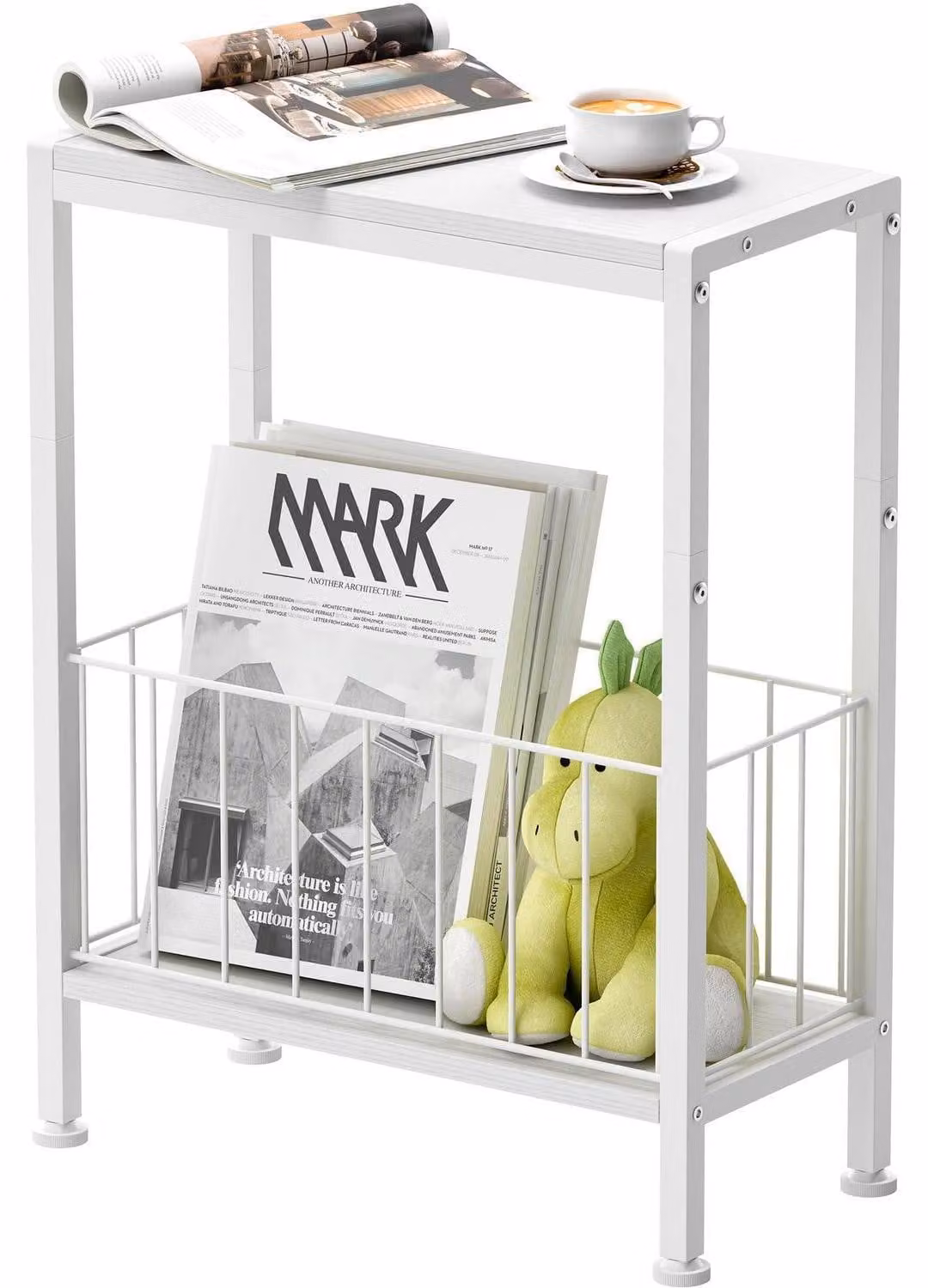 Tavolino laterale stretto con portariviste, 2 ripiani, 20x43x58 cm, bianco