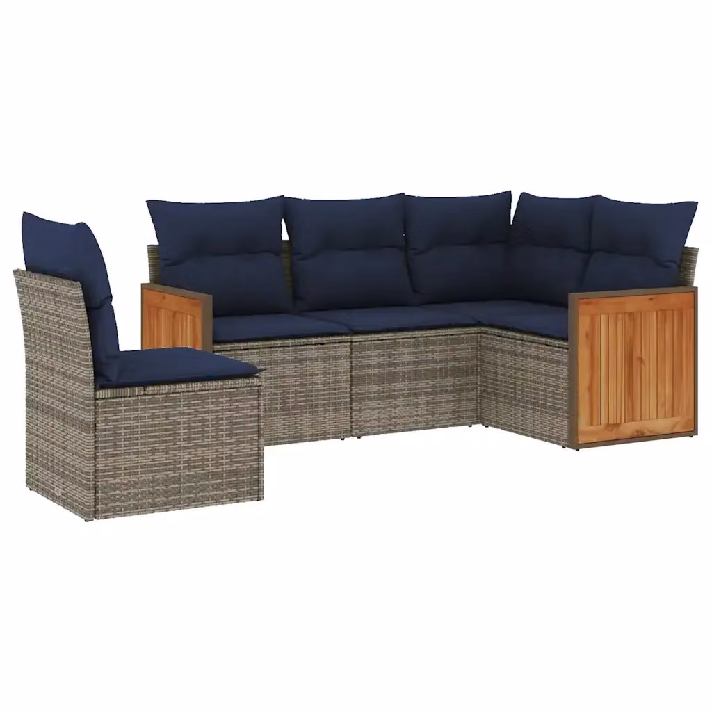 Set di divani da giardino a forma di L vidaXL in rattan con cuscini grigi e blu e struttura in acciaio verniciato a polvere – 2