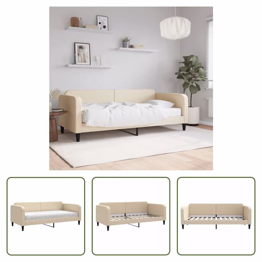 The Living Store Letto da giorno con materasso crema 90x200 cm in tessuto