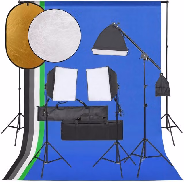 Kit per studio fotografico professionale con illuminazione LED, fondale e riflettore nero