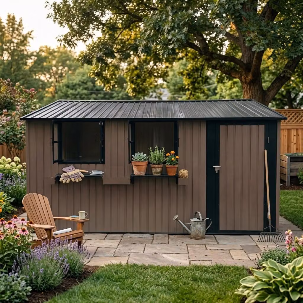 Capanno da giardino, dimensioni 359,4 x 284,2 cm, superficie 10,21 m², realizzato in acciaio zincato, dotato di 3 finestre apribili, porta doppia con serratura, portavasetti e ripiani, colore marrone e nero