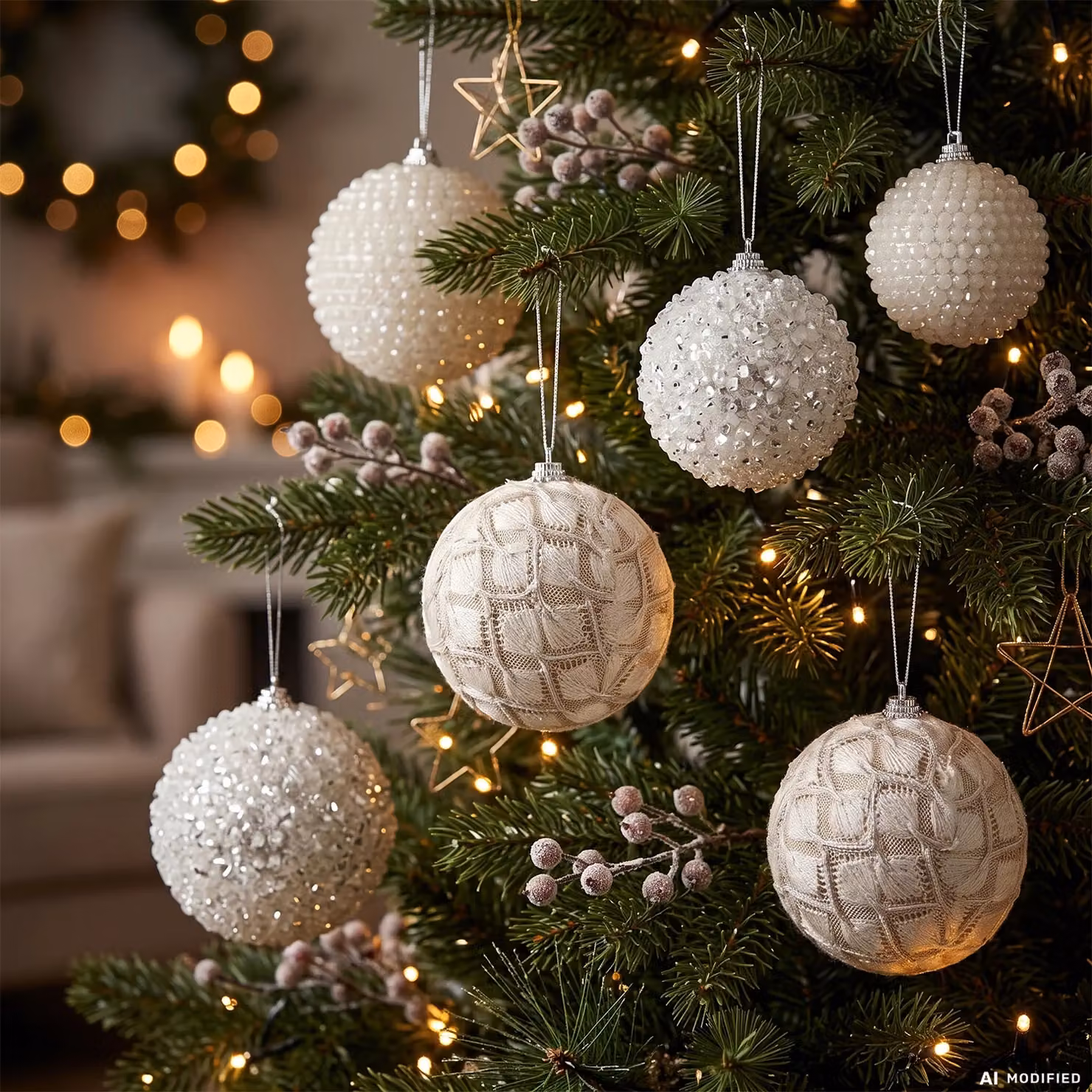 Set di 6 palline di Natale bianche VESTIAMO CASA in stile shabby chic, diametro: 8 cm – 1