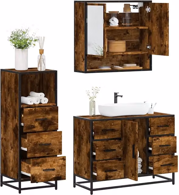 Set Mobili da Bagno 3 pz Rovere Fumo in Legno Multistrato 3301052