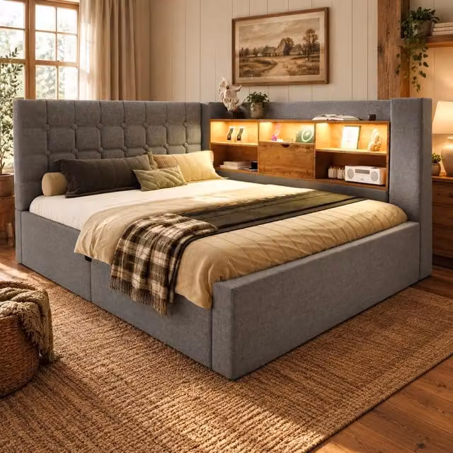 Letto contenitore ULEVR 140x200 cm con testiera a L reversibile, LED e porte USB/USB-C, tessuto di lino grigio