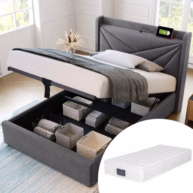 Letto Singolo con Contenitore 90x200 in Lino con Testiera USB e Type-C; Materasso Incluso