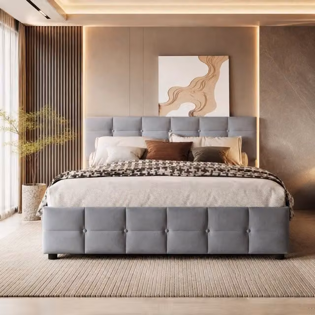Letto imbottito 180x200 cm grigio, velluto con contenitore idraulico e doghe