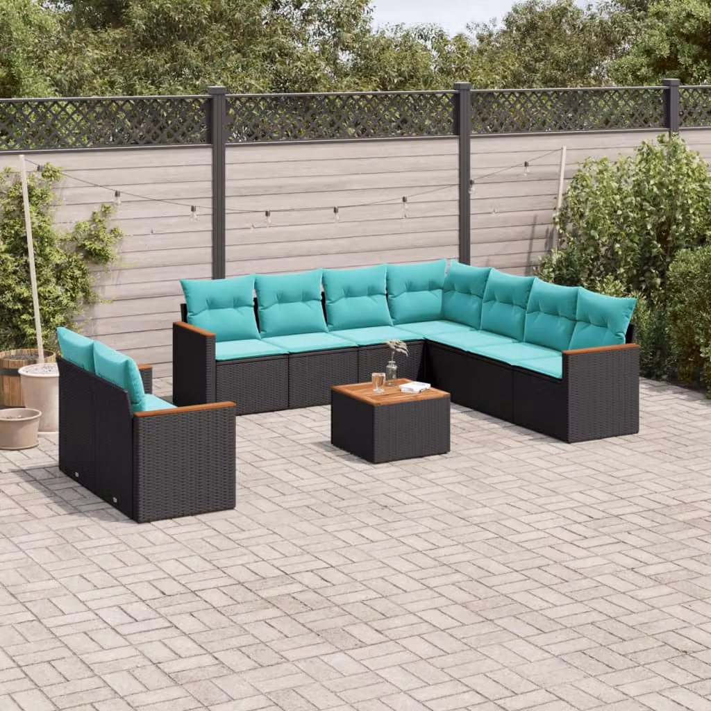 Set di divani da giardino vidaXL 10 pezzi in polyrattan nero con cuscini blu e turchese