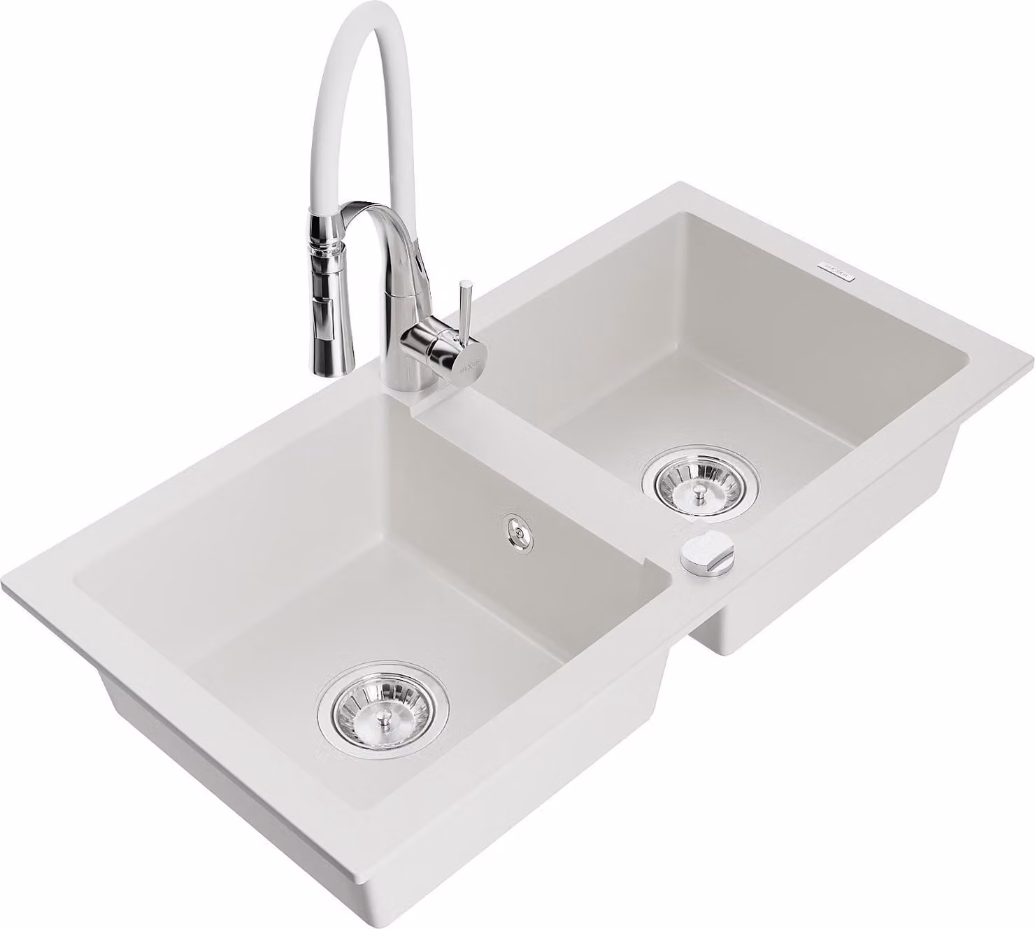 Mexen Mario lavello in granito a 2 vasche con rubinetto da cucina Aster, bianco - 6504-20-73450-02