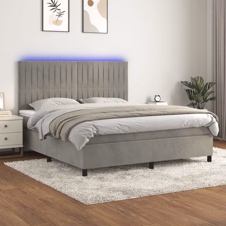 Letto Ibrido con Materasso a Molle Insacchettate e LED vidaXL in Velluto Grigio Chiaro L: 180 cm, P: 200 cm, H: 128 cm