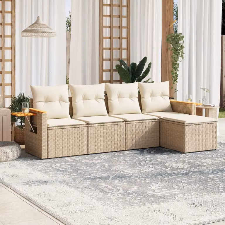 vidaXL Set Divano da Giardino 5 pz a L in Polyrattan con Cuscini Beige e Struttura in Legno di Acacia