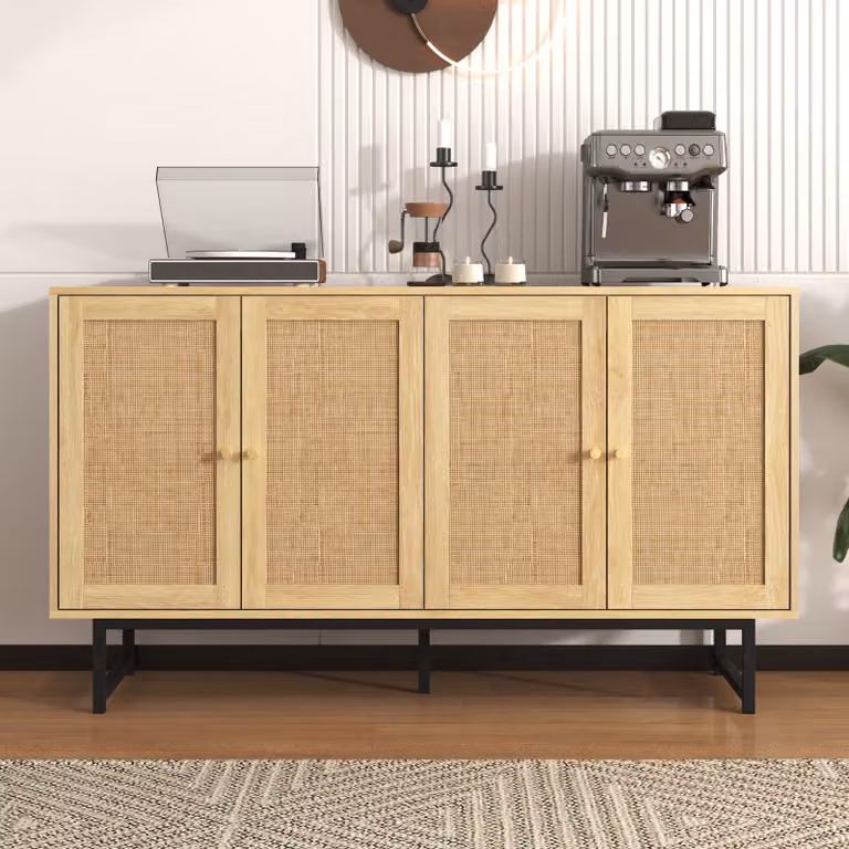 Credenza Flieks Credenza con vimini in vero rattan, credenza a 4 ante, credenza in stile rustico, cucina, soggiorno, colore legno