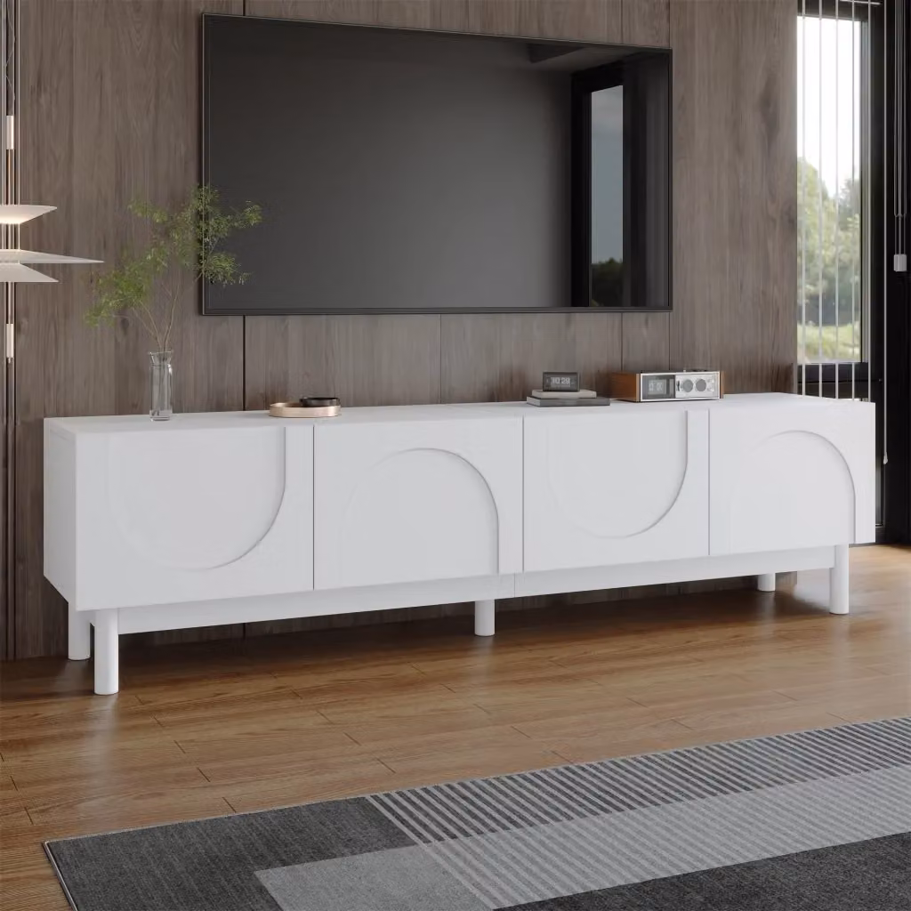 Mobile TV moderno Mivray bianco con quattro ante senza maniglie e ripiani in MDF – 2