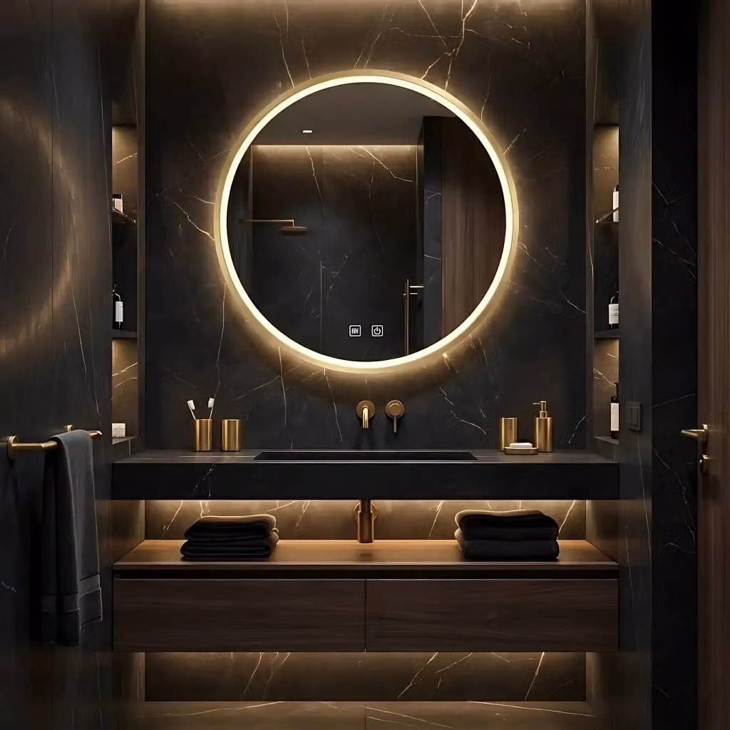 Specchio da parete tondo con luce LED Rea in metallo e vetro, colore Gold, Diametro: 60 cm – 2