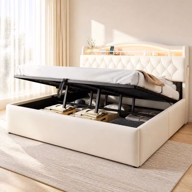 Letto Contenitore REDOM in Tessuto Beige con LED, Porte USB e USB-C, L/P: 180 x 200 cm