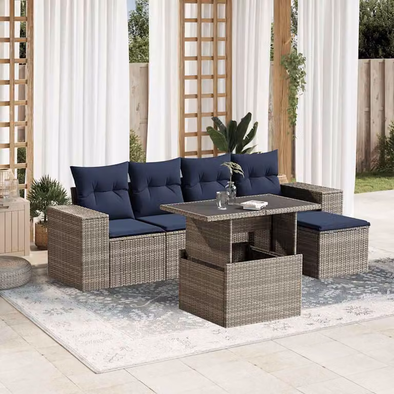 Set da giardino vidaXL in polyrattan grigio composto da 6 pezzi con cuscini, divano angolare, tavolino e pouf