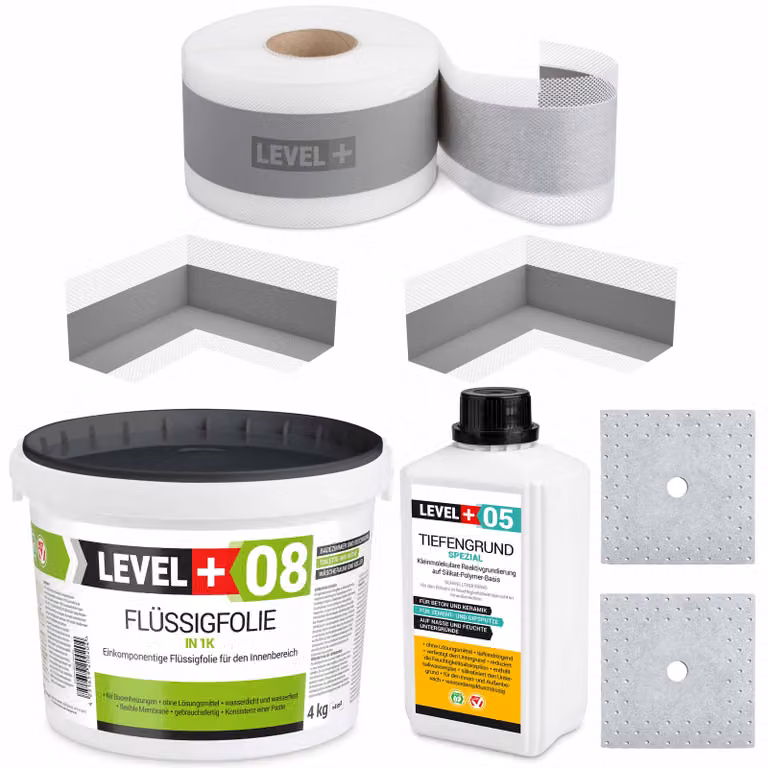 Kit di impermeabilizzazione Pellicola liquida 4 kg Rivestimento a penetrazione profonda 1 litro Nastro sigillante 5 mb - LEVEL+ SET08