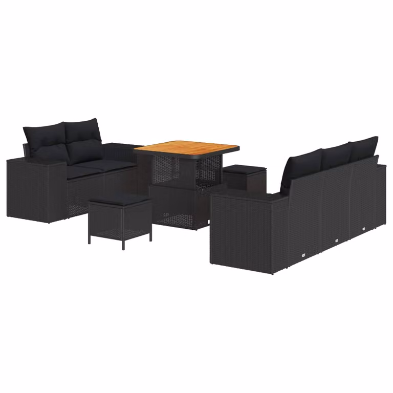 Set Divano da Giardino Moderno vidaXL in Polyrattan Nero con Cuscini e Tavolino da 8 Pezzi