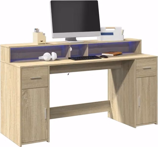 Scrivania moderna vidaXL in legno color rovere e beige con piano rettangolare L: 160 cm, P: 55 cm, H: 91 cm