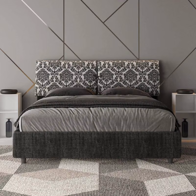 Letto matrimoniale imbottito con contenitore ITYHOME in tessuto blu e grigio con decorazione floreale L/P/H: 160 x 200 x 110 cm – 2