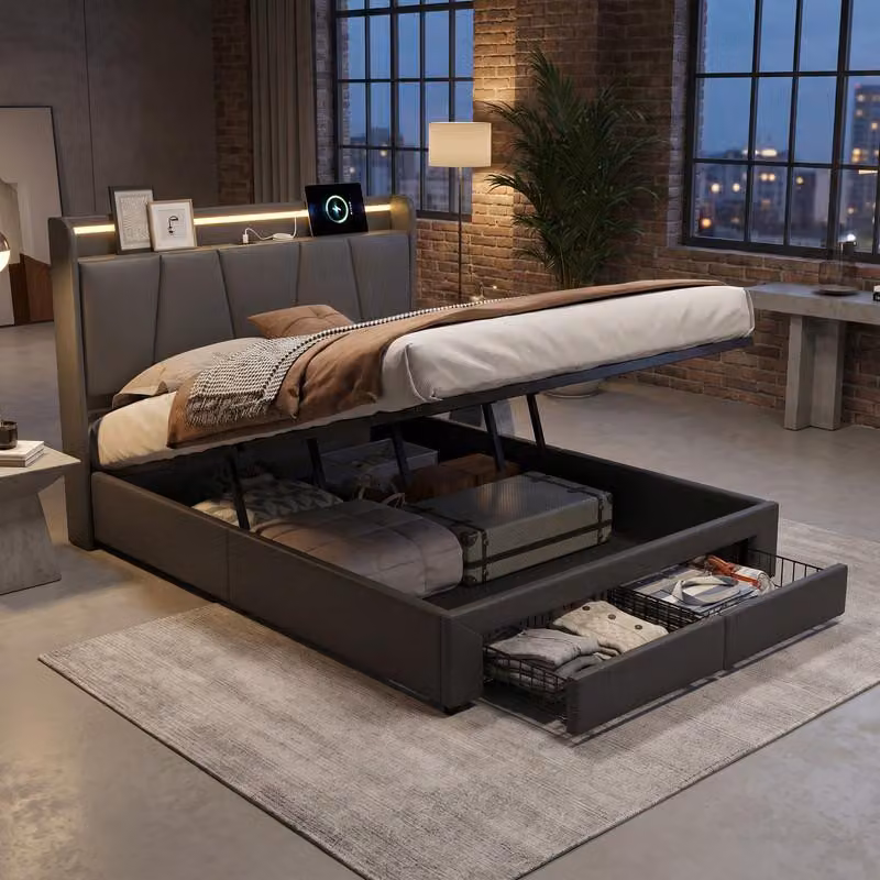 Letto in lino grigio ProximaX 140x200 cm con vano contenitore – Base letto idraulica con 2 cassetti, illuminazione a LED e stazione di ricarica USB, letto imbottito moderno