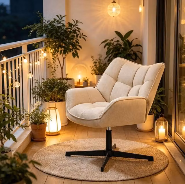 Poltrona girevole beige in lino con seduta imbottita, 360°, 150 kg