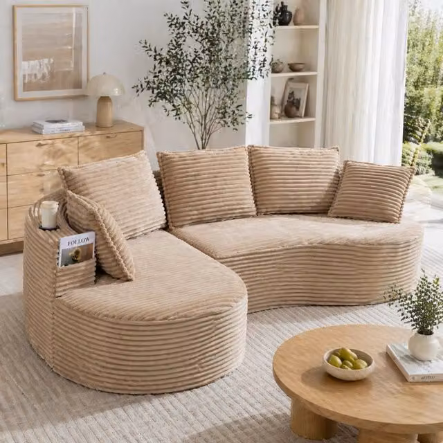 Divano ad angolo L-shape WISHDOR in velluto beige con portabicchieri e cuscini inclusi L 250 x P 152 x H 82 cm