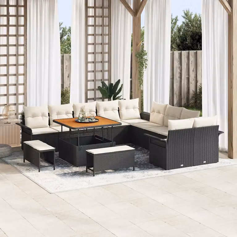 Set Divano da Giardino vidaXL 13 Pezzi con Cuscini Nero e Beige