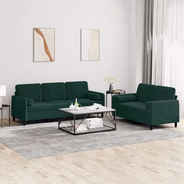 Set di 2 divani moderni vidaXL in velluto verde con cuscini, L/P/H: 198 x 80 x 77 cm e 198 x 80 x 41 cm – 1