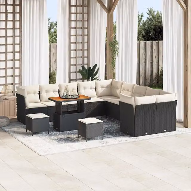Set Divano da Giardino vidaXL a forma a U composto da 13 pezzi con Cuscini, Tavolino e Pouf, Colore Nero e Beige – 1