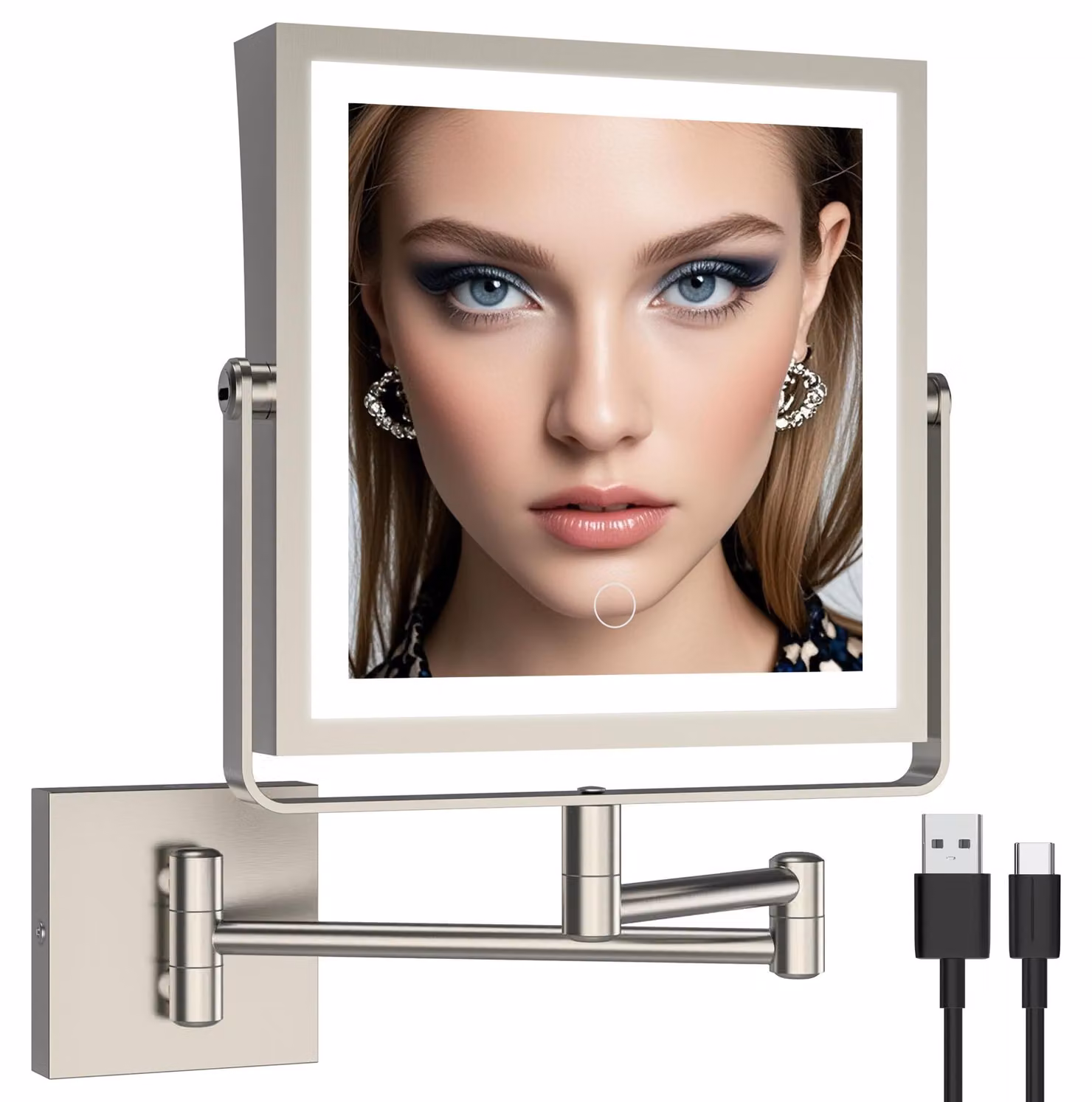 Specchio da trucco a bastone, con ingrandimento 1x/7x, 3 colori di luce, dimmerabile, rotazione a 360°