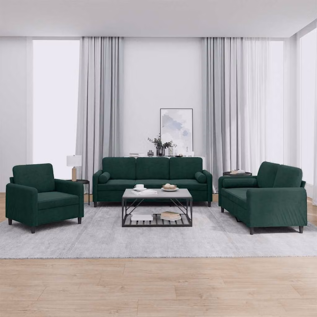 Set di divani 3 pezzi vidaXL in velluto verde con cuscini per soggiorno moderno – 1
