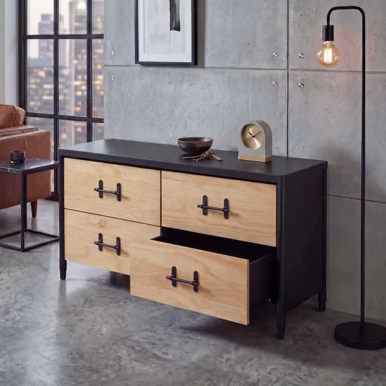 Comodino HWC-Q66, credenza, cassetti in stile industriale 60x120x40 cm ~ legno naturale, metallo nero