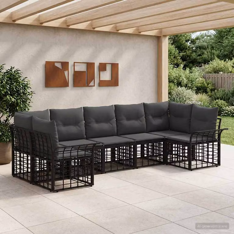 Set di divani da esterno vidaXL 7 pezzi a forma di U in metallo con cuscini, Nero e Grigio