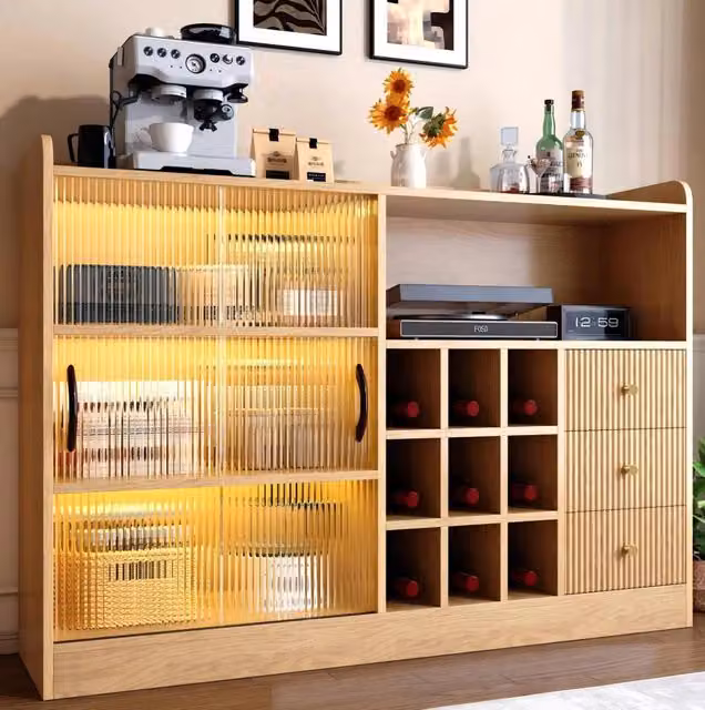 Credenza 120x30x85 cm in truciolato, naturale, LED, per sala da pranzo –