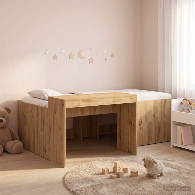 Letto alto per bambini con scrivania vidaXL in legno Rovere, L/P/H: 203 x 142 x 61 cm