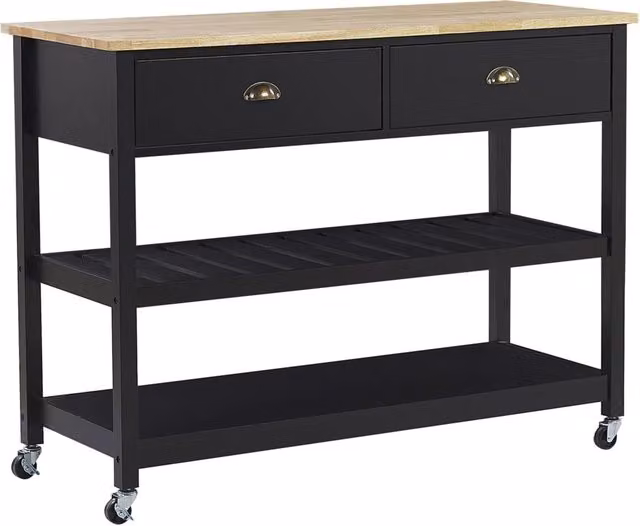 Carrello da cucina Beliani in legno di pino nero e legno chiaro con 2 ripiani e cassetti, stile scandinavo moderno e rustico, L/P/H: 120 x 34 x 91 cm – 1