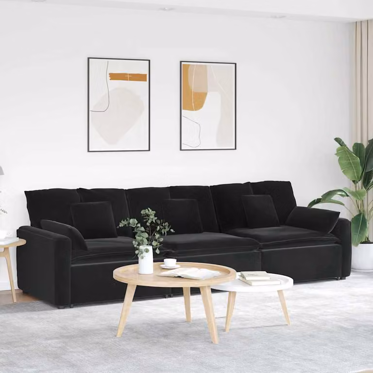 vidaXL Divano Modulare in Velluto Nero con Cuscini e Struttura in Metallo e Legno