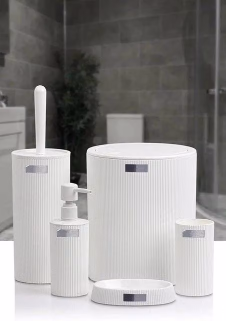 Accessori per la camera da bagno - set da bagno moderno e di lusso - contenitore per spazzola da denti, bicchiere, set di spazzola per il bagno, contenitore per lo shampoo, contenitore per lo sporco, dispenser per lo shampoo (bianco)